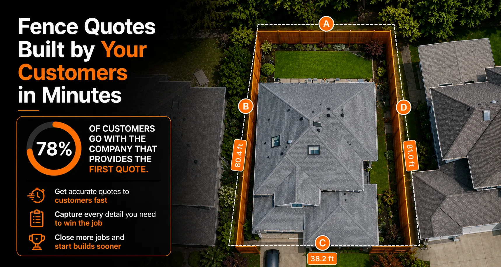 Fence Quote Pros — aerial view of a home with a fence line traced on the map and measured in feet